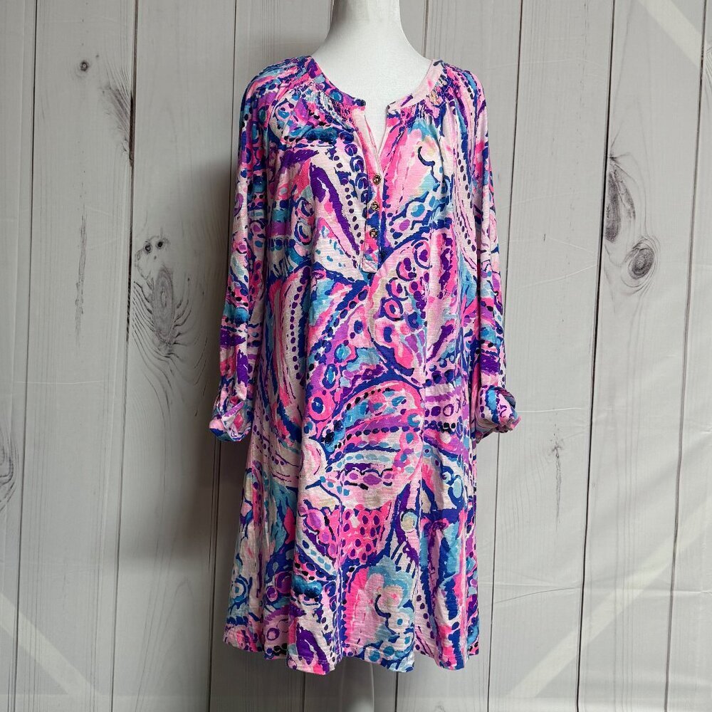 Lilly Pulitzer Sleeved Essie Dress Coral Shell Out Large, EUC